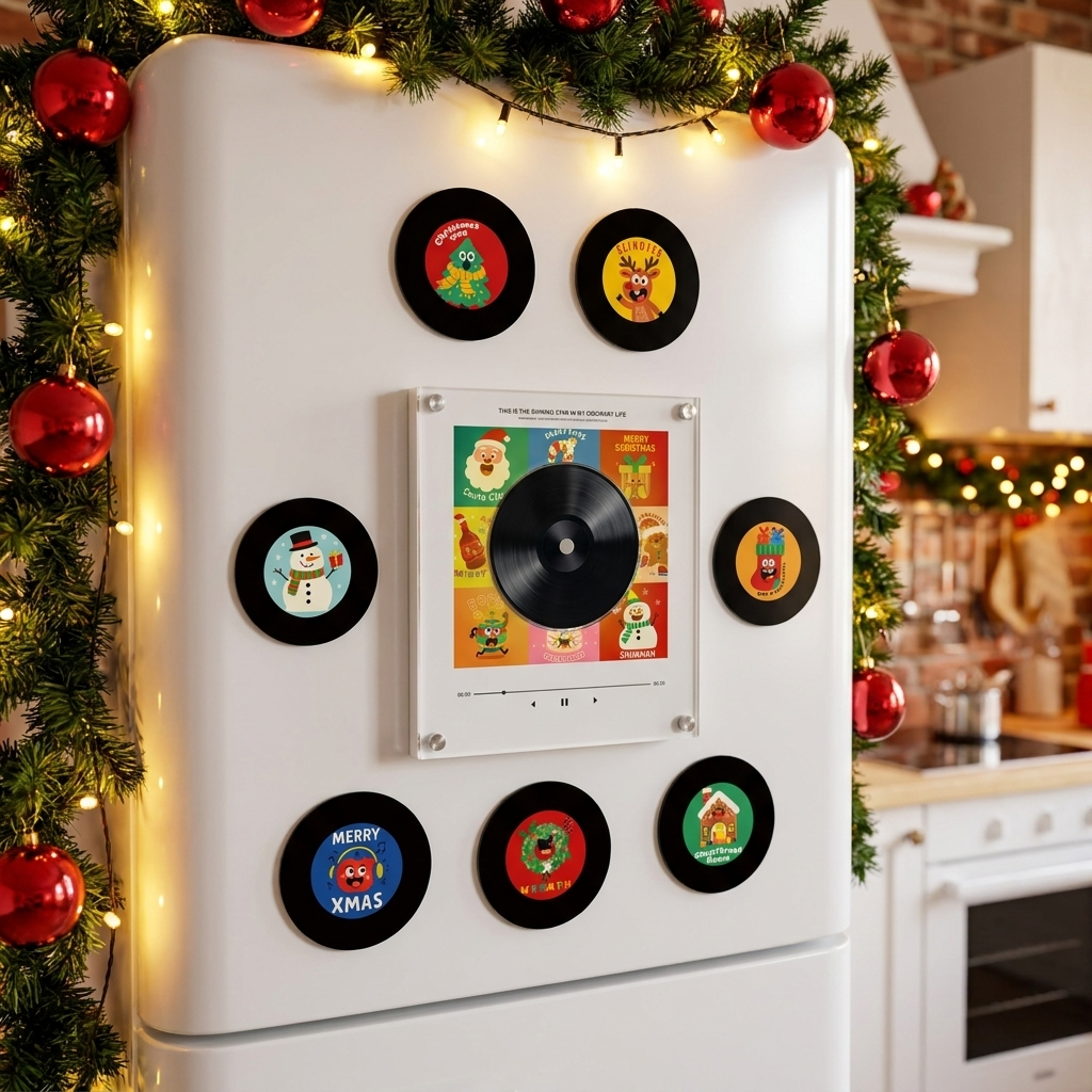 Carol Vinyl frame mounted on fridge with Christmas discs