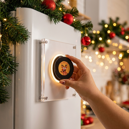 Placing a glowing reindeer Christmas disc on Carol Vinyl