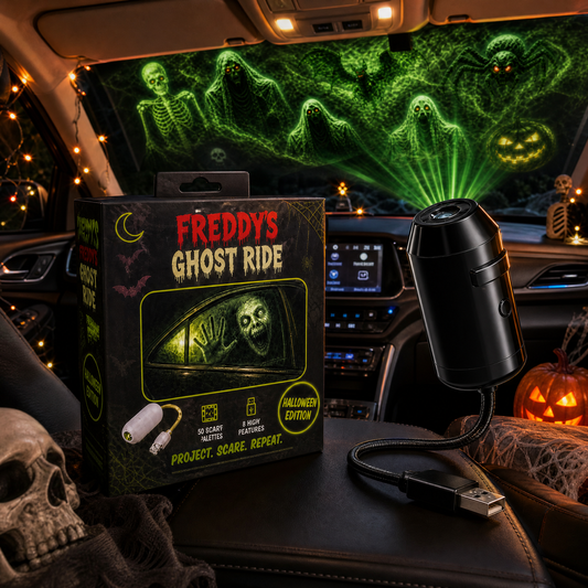 Freddie's Ghostride Projector in a Halloween car interior