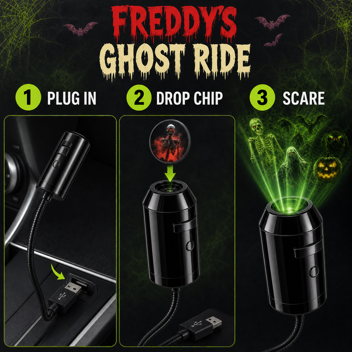 How it works - plug in, drop chip, scare