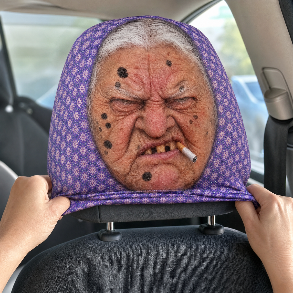 Stretchy Car Joker cover sliding over a headrest